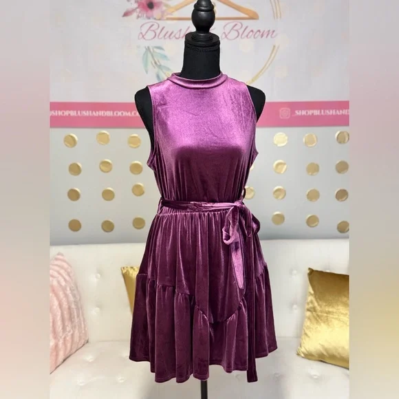 Velvet Mock Neck Tie Waist Dress | Plum Holiday Party Mini Dress - Picture 5 of 7